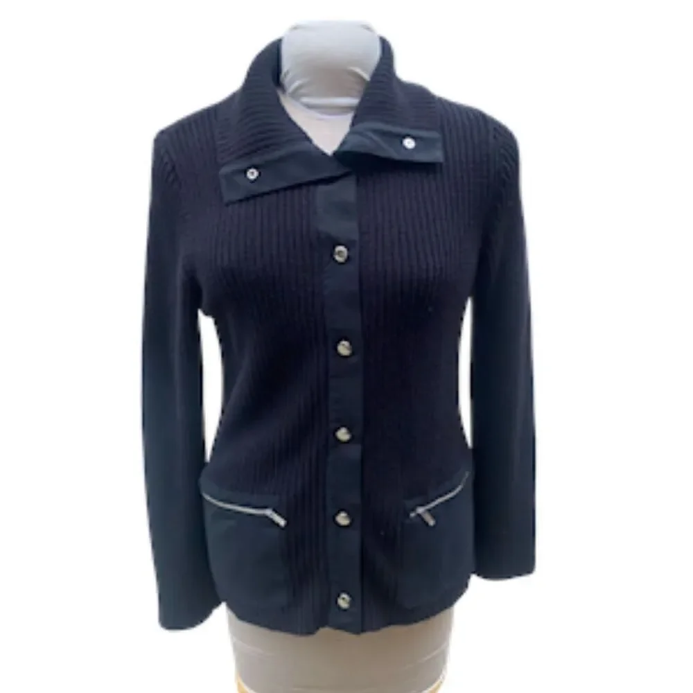 Jones New York Sport Cardigan Black Snap Front Zip Pockets Sz. L